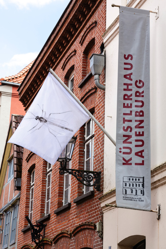 Eröffnung Ausstellung Nicole Schuck, Außenansicht eine Flagge der Installation